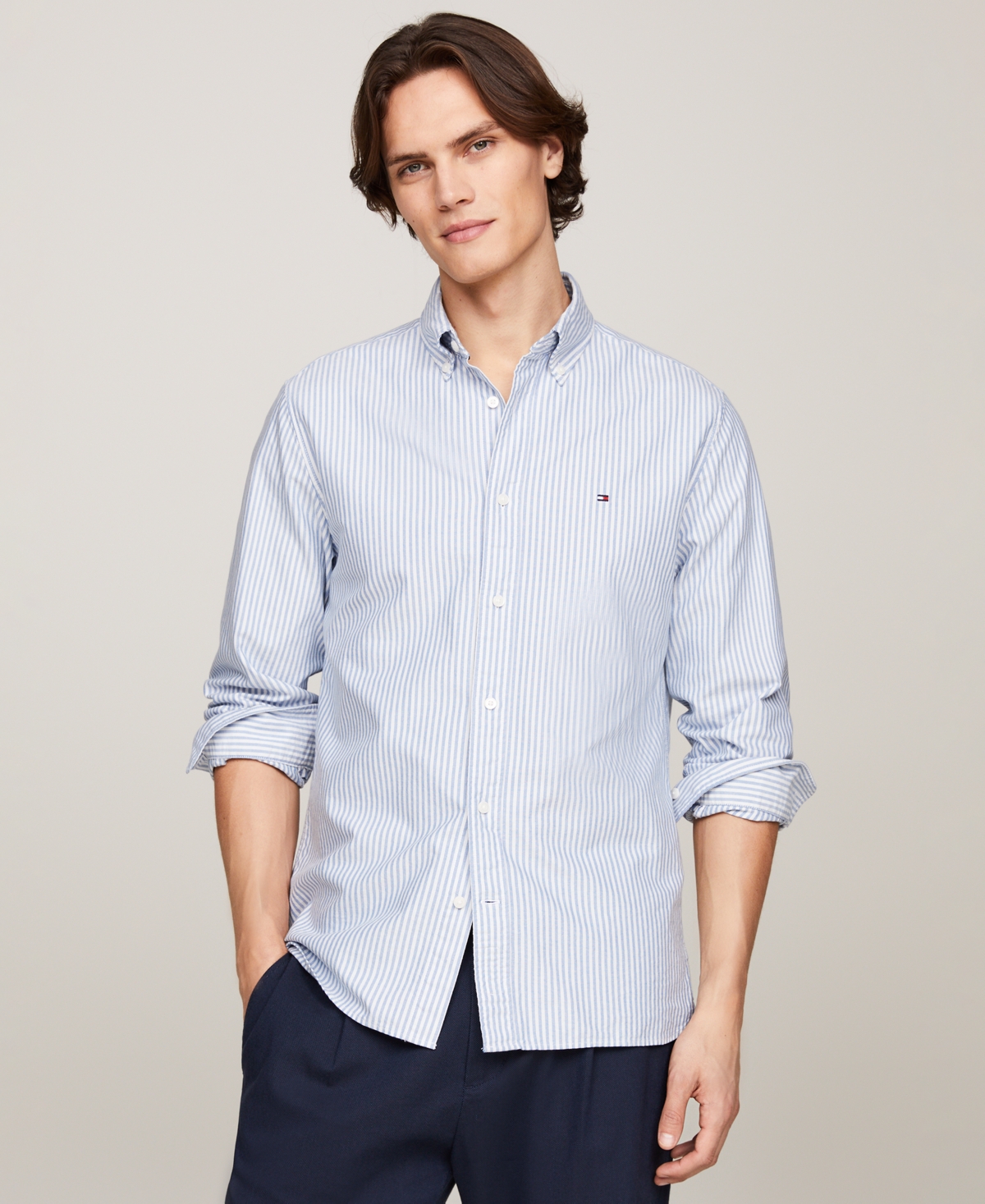 Tommy Hilfiger Men's Regular-Fit Striped Heritage Oxford Long-Sleeve Shirt - Shirt Blue / White