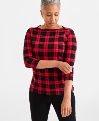 Style & Co - Women's Plaid 3/4-Sleeve Cotton Top