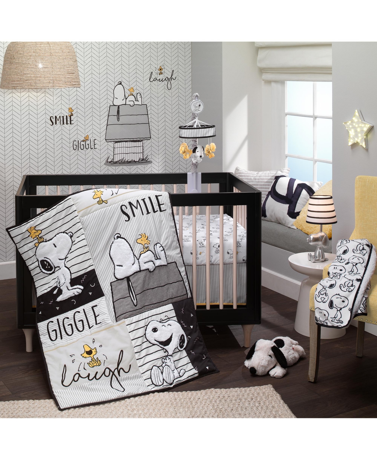 Lambs & Ivy Classic Snoopy White/Black Furry Decorative Nursery Throw Pillow