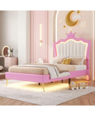 Upholstered Princess Bed with LED Crown Headboard