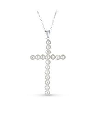 Simple Religious Freshwater Cultured White Pearl Large Cross Necklace Pendant Sterling Silver