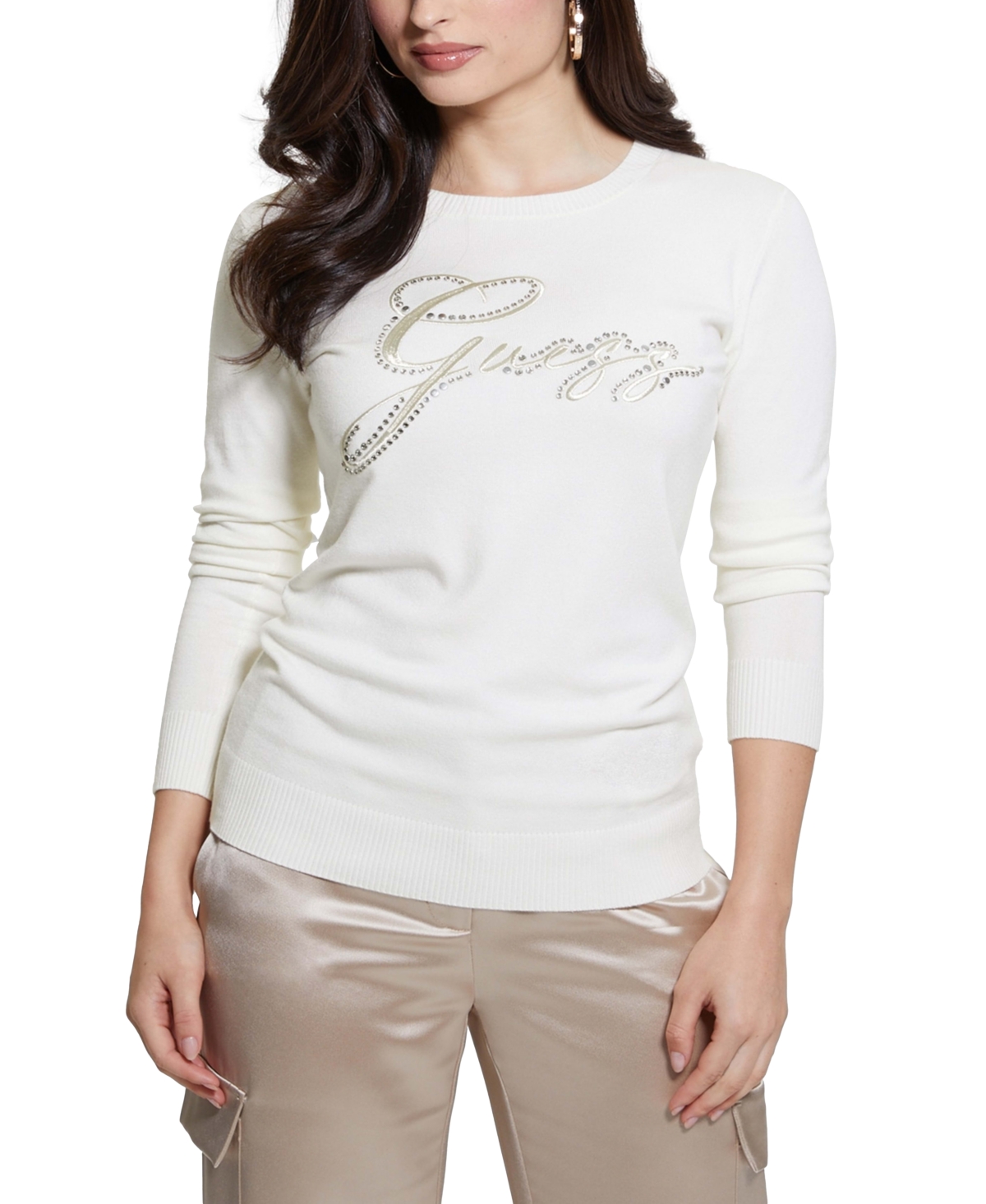 Guess Olive Embellished Logo Sweater In Cream