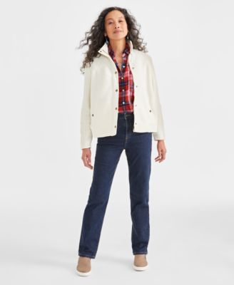 Style Co Plaid Shirt Sherpa Jacket Straight Leg Jeans Drop Earrings Two Tone Necklace Zip Sneakers Created For Macys