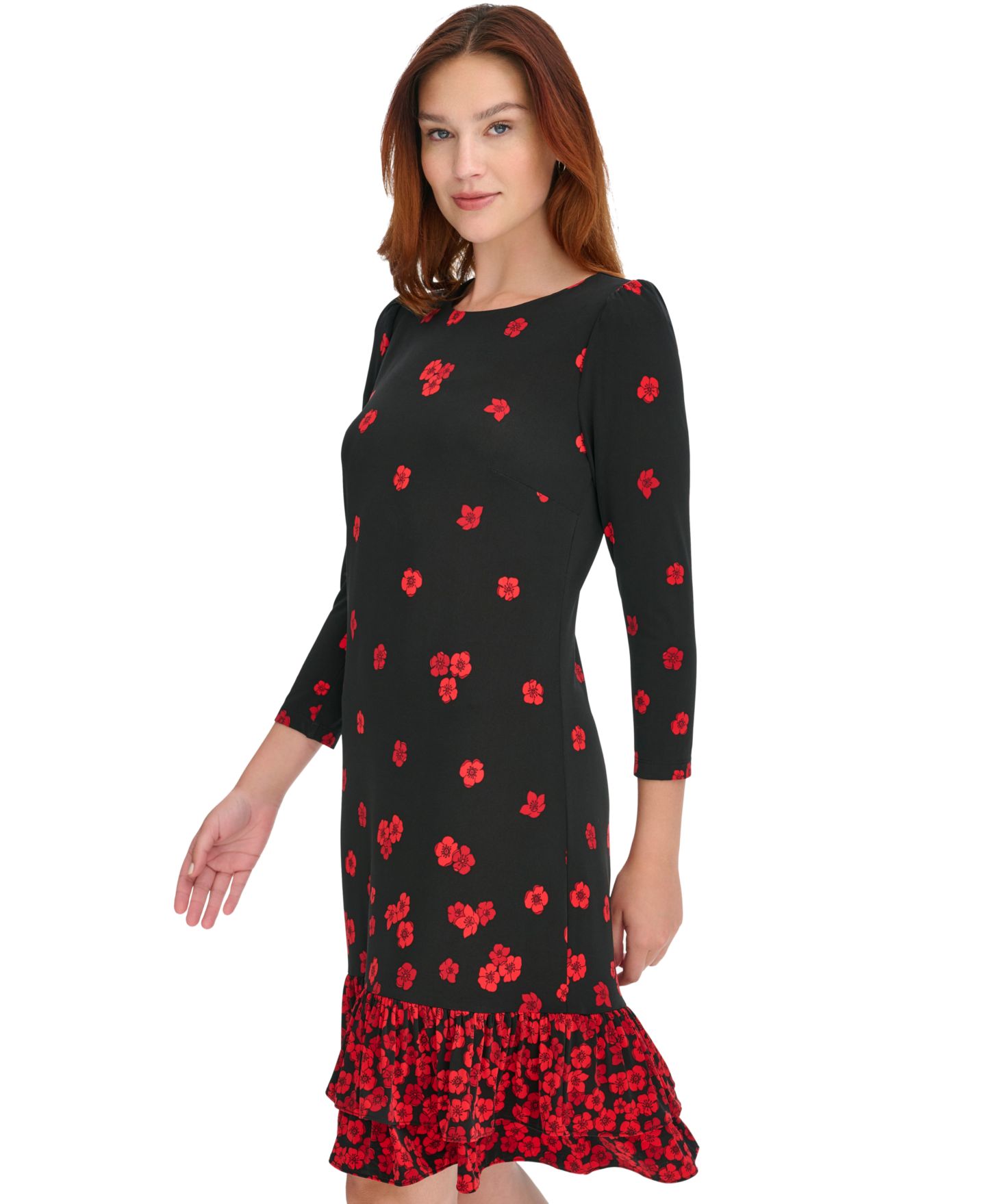 Женское платье Tommy Hilfiger 3/4-Sleeve Flounce-Hem, цвет: Чёрный / Алый — фото 3