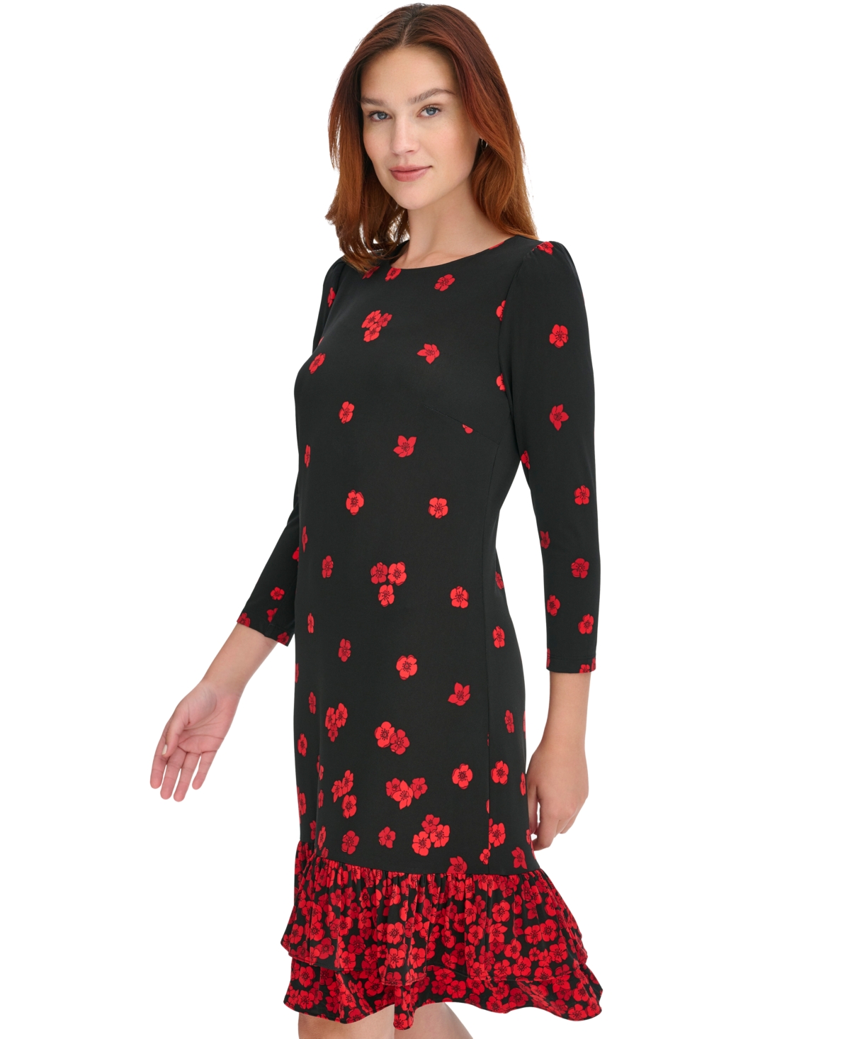 Tommy Hilfiger Women's 3/4-Sleeve Flounce-Hem Dress -Scarlet