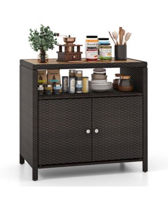 Rattan and Acacia Wood Patio Storage Cabinet with Open Shelf and 2 Doors