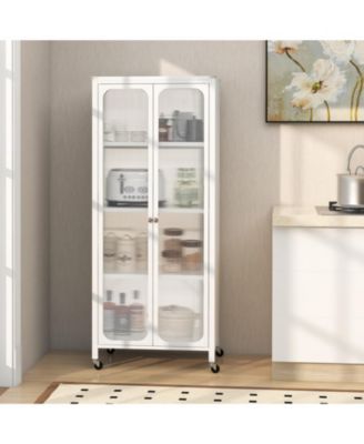 Glass Doors Storage Cabinet with Wheels and Adjustable Shelves