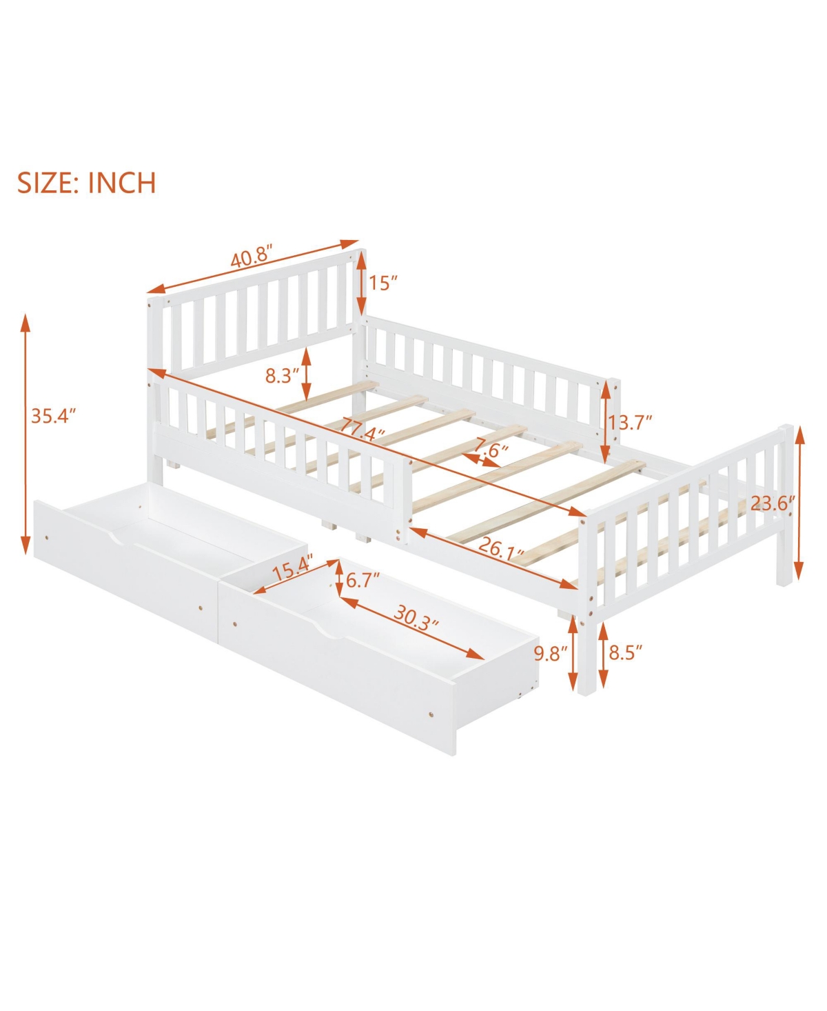 Streamdale Furniture Twin Wood Platform Bed with Guardrails and Storage