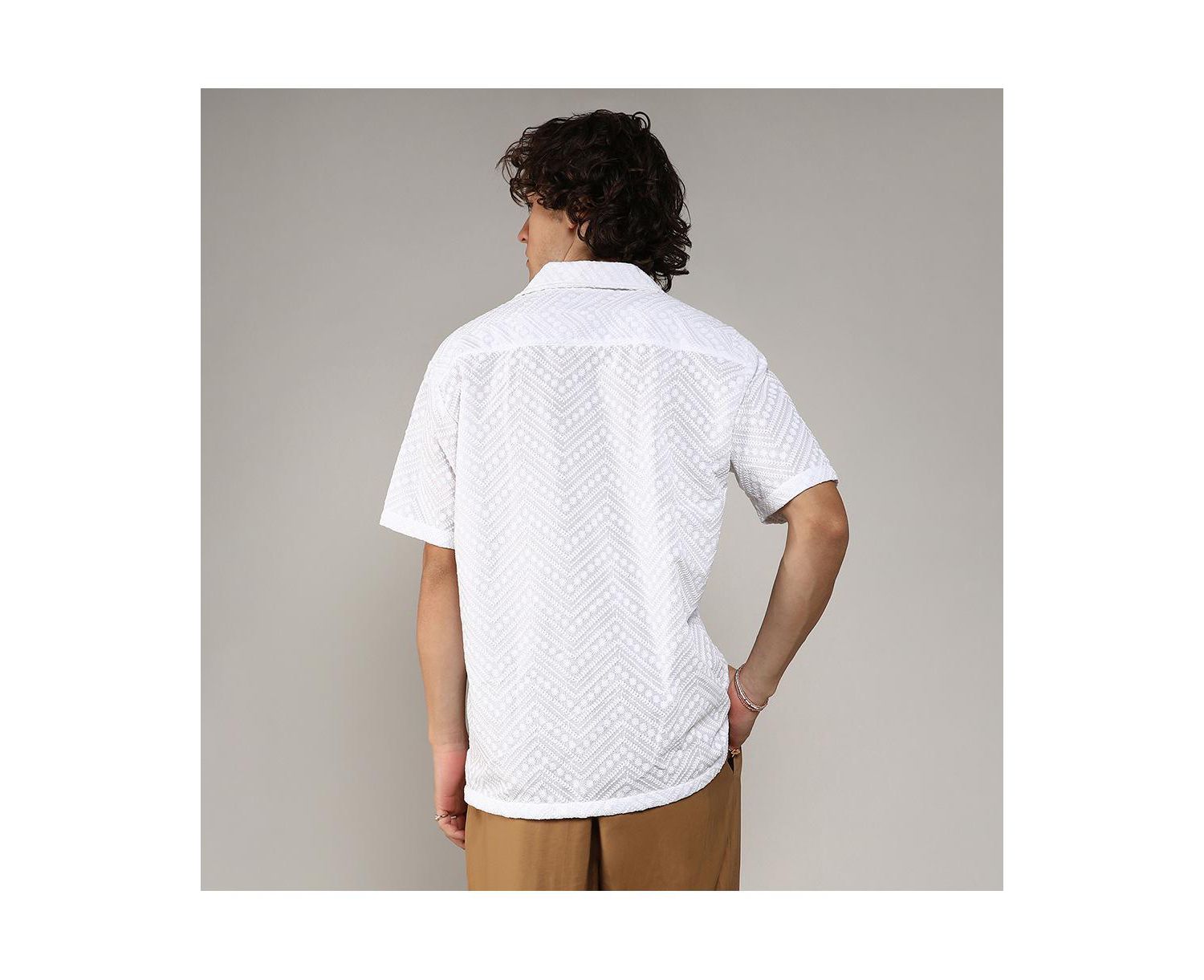 Men's Chalk White Embroidered Zig-Zag Shirt