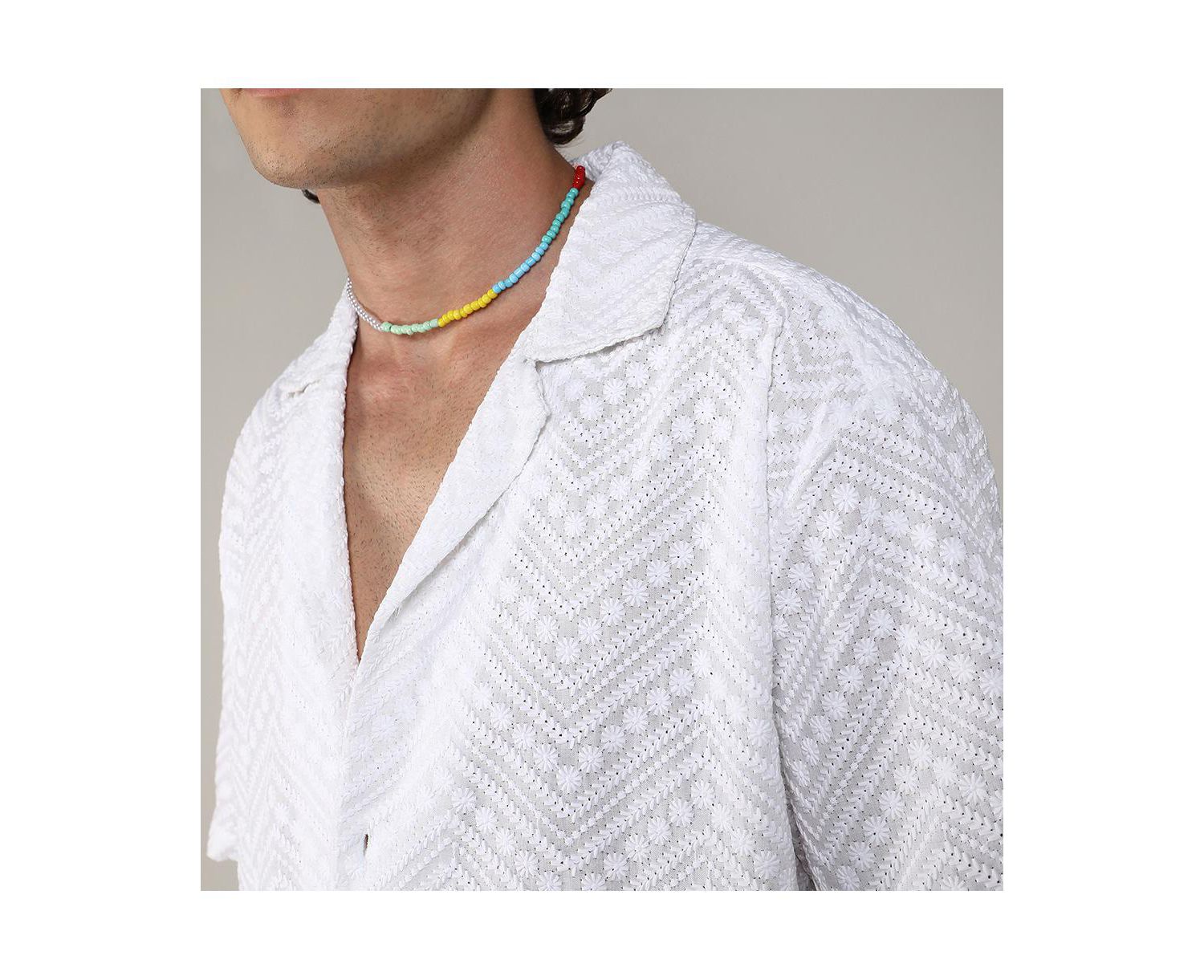 Men's Chalk White Embroidered Zig-Zag Shirt