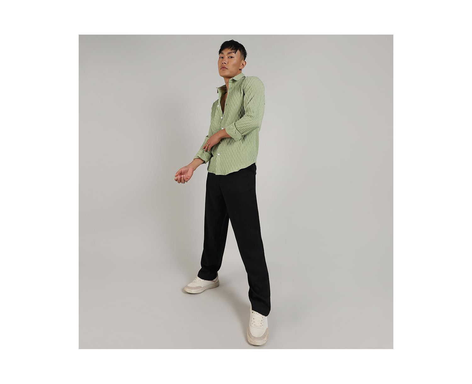 Men's Pistachio Green Crinkled-Weave Shirt
