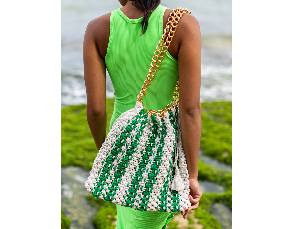 Rouen Colette Macrame Beach Bag In Green X Off-White
