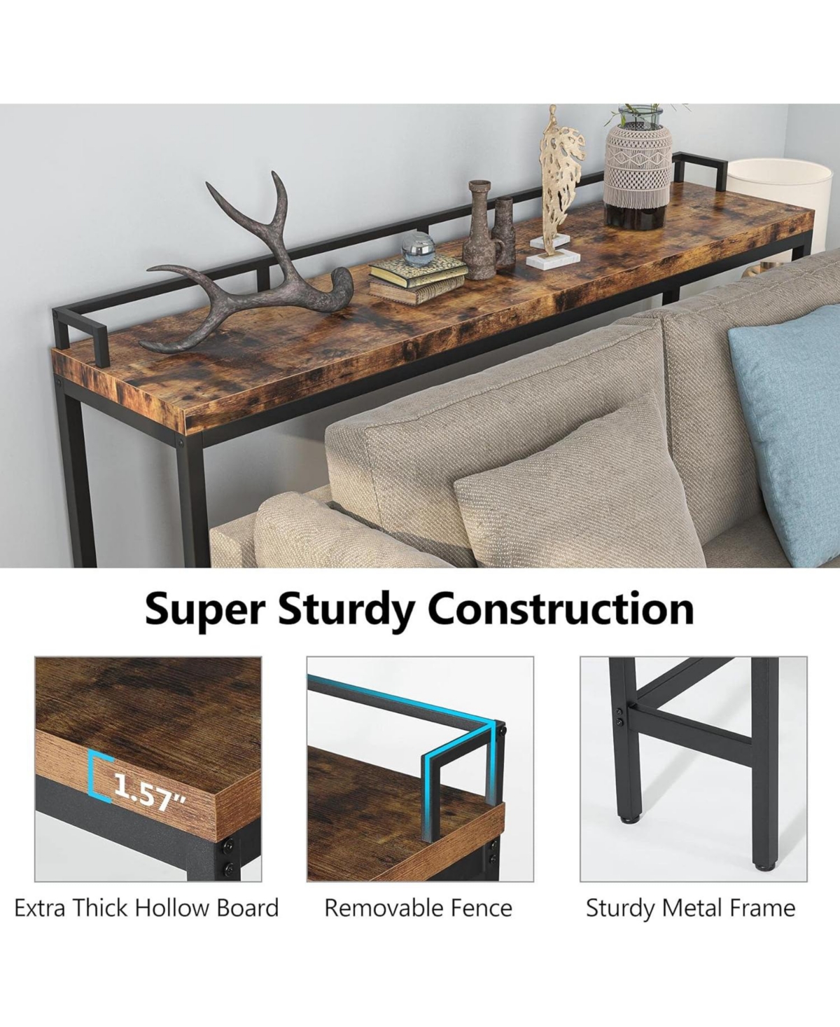 Tribesigns inch Extra Long Sofa Table Rustic Industrial Console Table Behind Couch, Narrow Entryway Hallway Table Skinny Sofa Bar Table for Livin