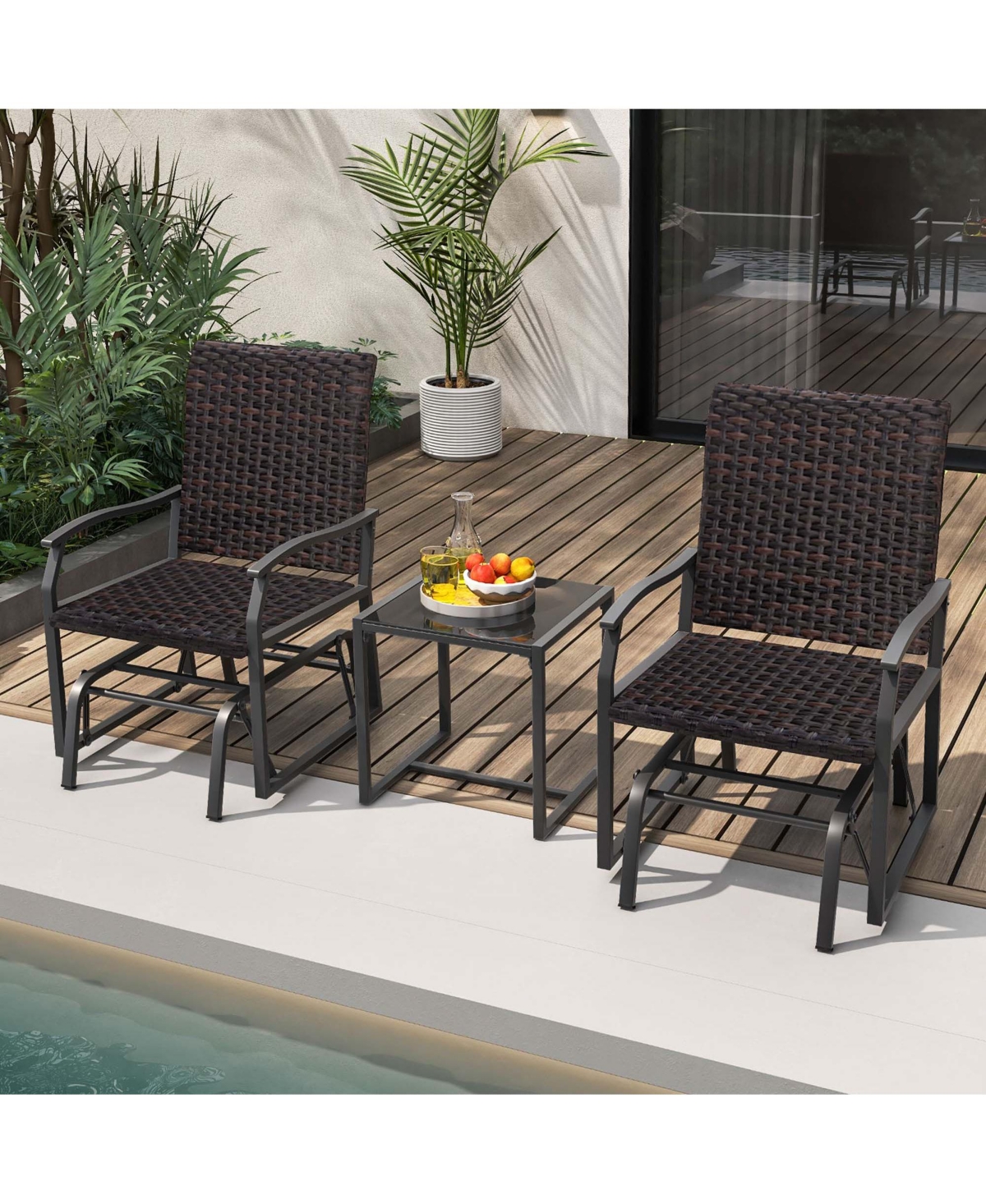 3 Pcs Patio Gliding Set with Tempered Glass Coffee Table Quick Dry Foam Wicker