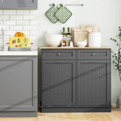 15.5 Gallon Kitchen Tilt Out Trash Cabinet Rubber Wood Tabletop 2 Drawers