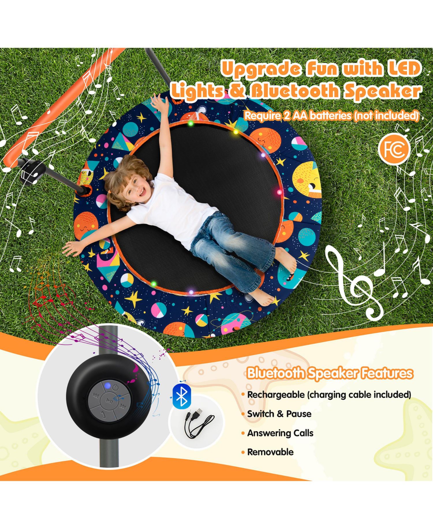 36'' Mini Toddler Trampoline W/LED Bluetooth Speaker Detachable Handle