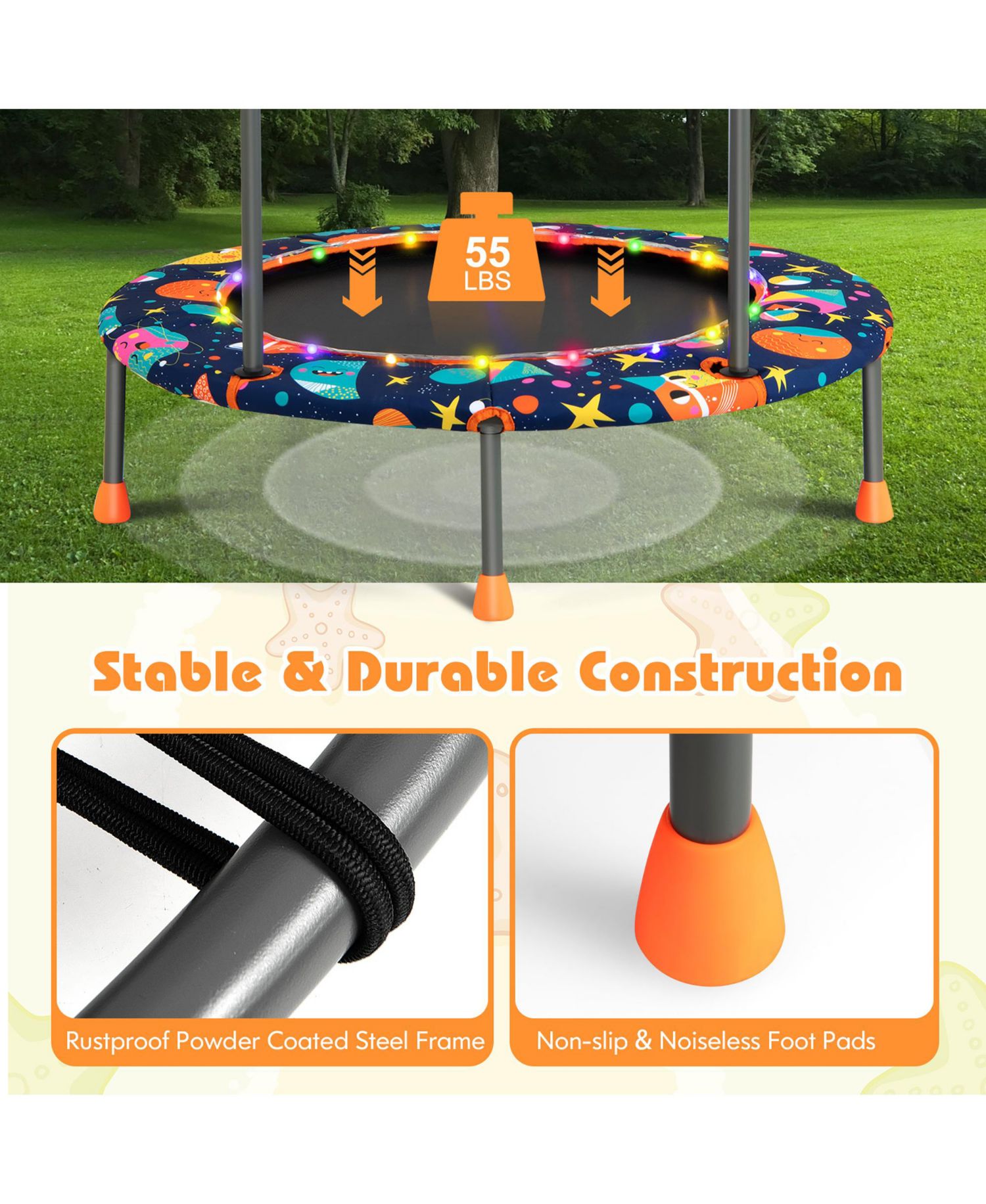 36'' Mini Toddler Trampoline W/LED Bluetooth Speaker Detachable Handle
