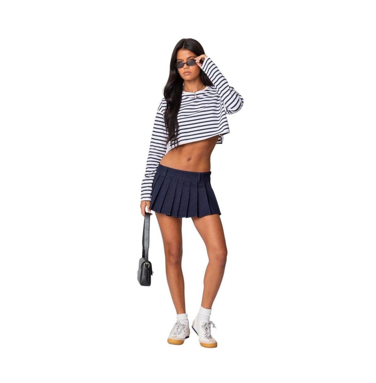 Edikted Women's Stripey Cropped Long Sleeve T Shirt - Navy-and-white