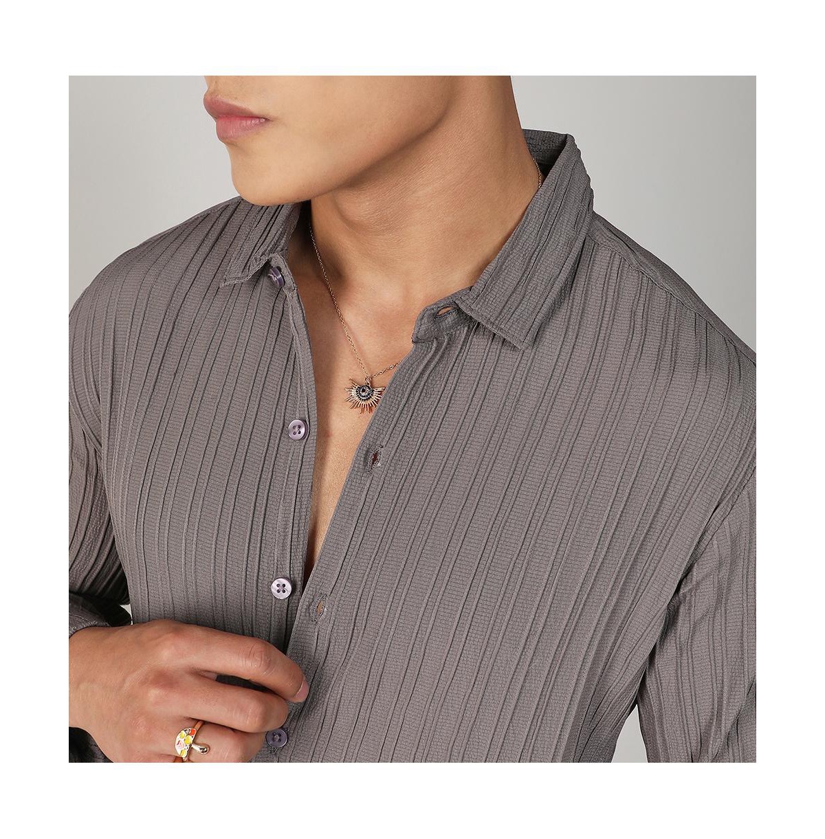 Campus Sutra Men's AshSelf-Design Striped Shirt - Grey