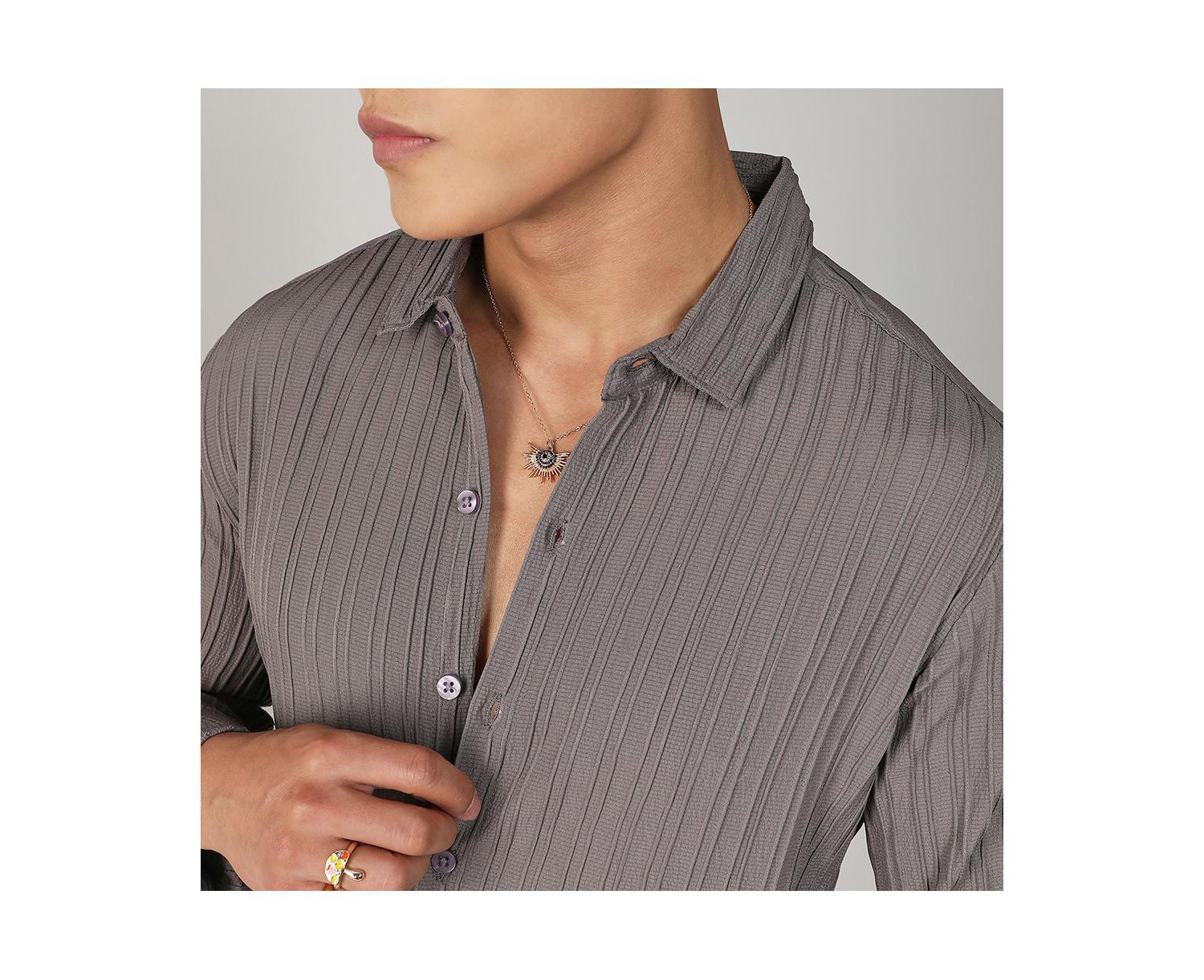 Men's Ash Grey Self-Design Striped Shirt