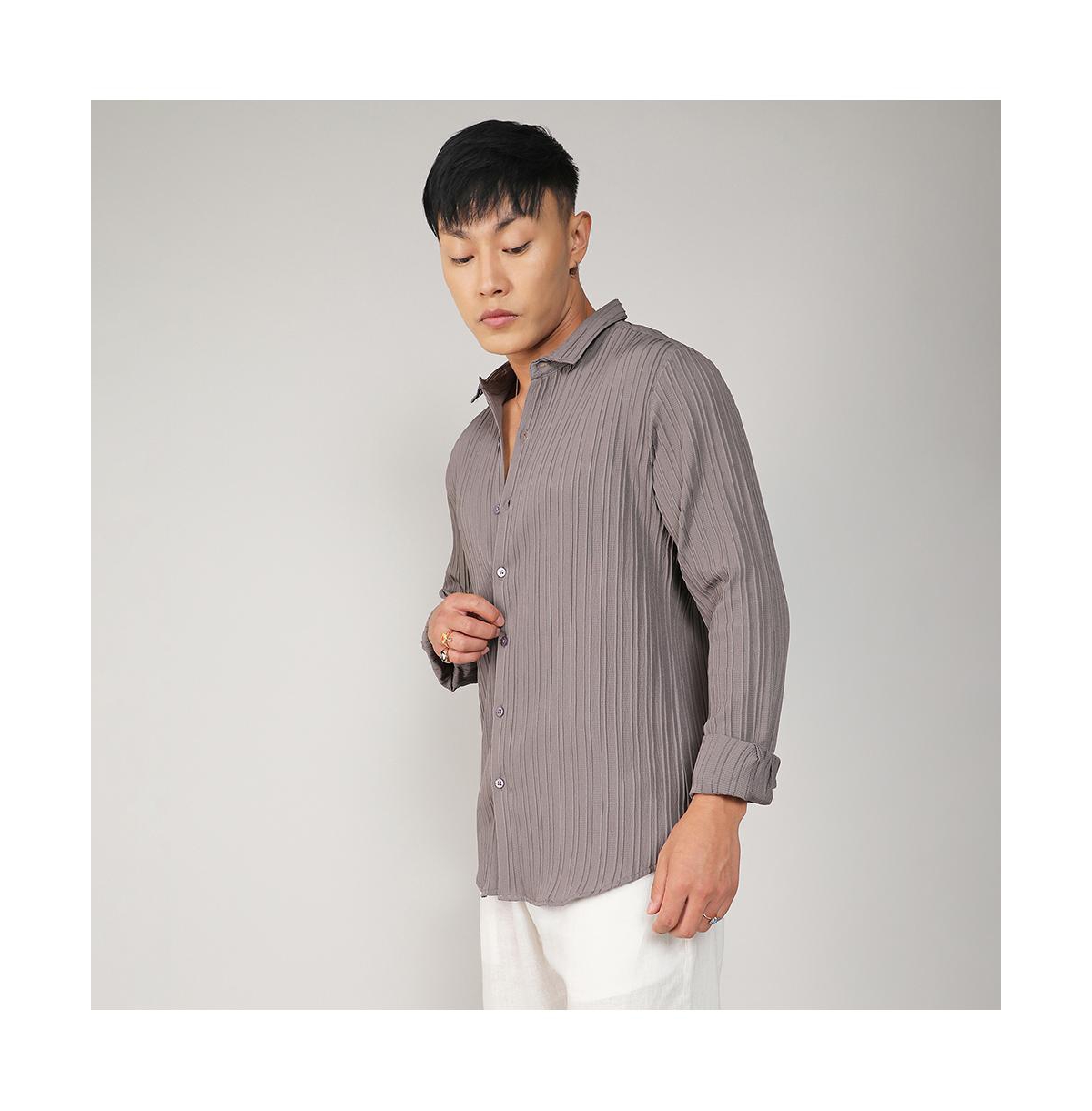 Campus Sutra Men's AshSelf-Design Striped Shirt - Grey