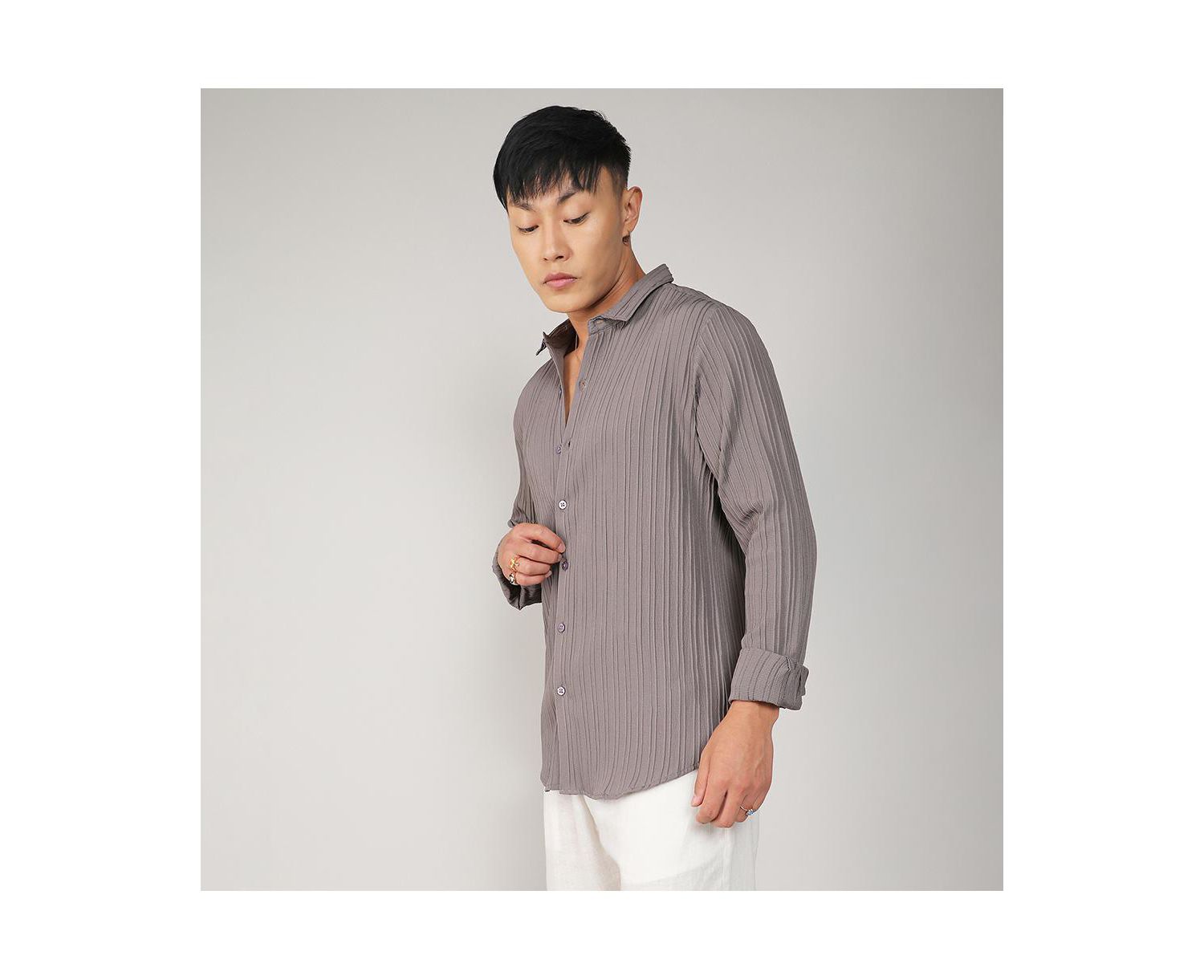 Men's Ash Grey Self-Design Striped Shirt