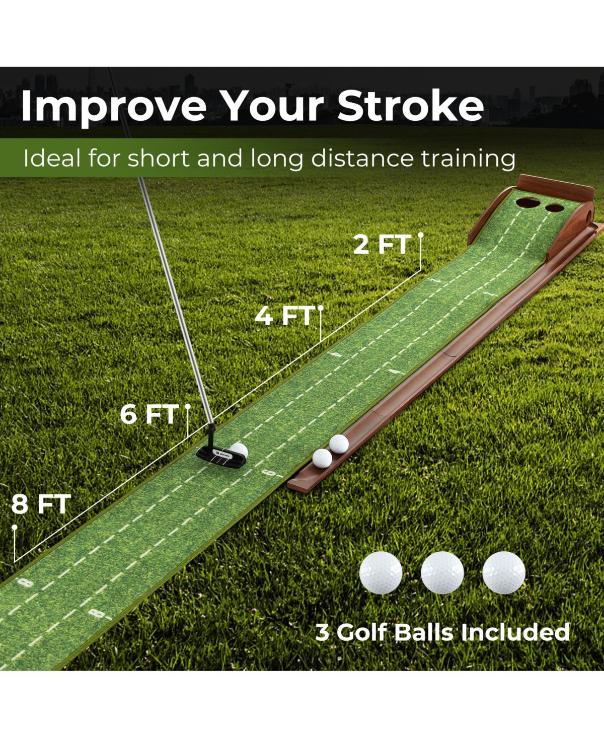 Vebreda Golf Putting Mat Practice Training Aid with Auto Ball Return and 2 Hole