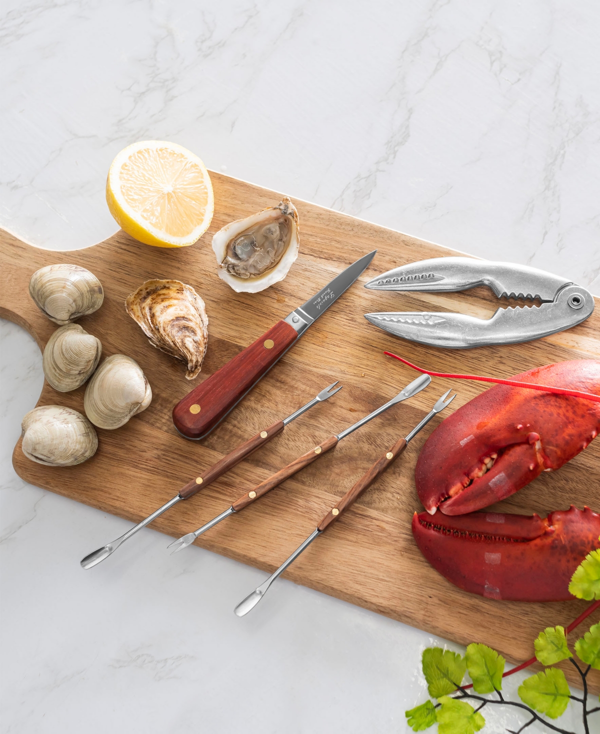 French Home Essential Seafood 6 Piece Utensil Set In Rosewood,brass,and Silver
