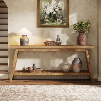 Farmhouse Console Entryway Table: 70.9 Inches Extra Long Console Table for Entryway, 2-Tier Narrow Wood Foyer Sofa Couch Table