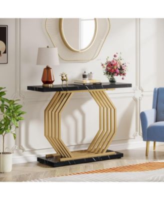 Gold Console Table, Faux Marble Entryway Narrow Sofa Table with Geometric Metal Base, 40 Inch Modern Accent Entrance Table