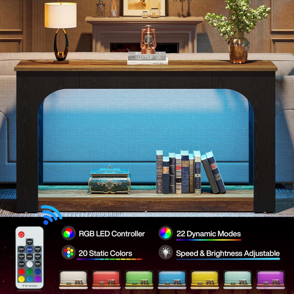 Tribesigns 55-Inch Console Table with Led Lights, Farmhouse 2-Tier Narrow Sofa Table with Storage