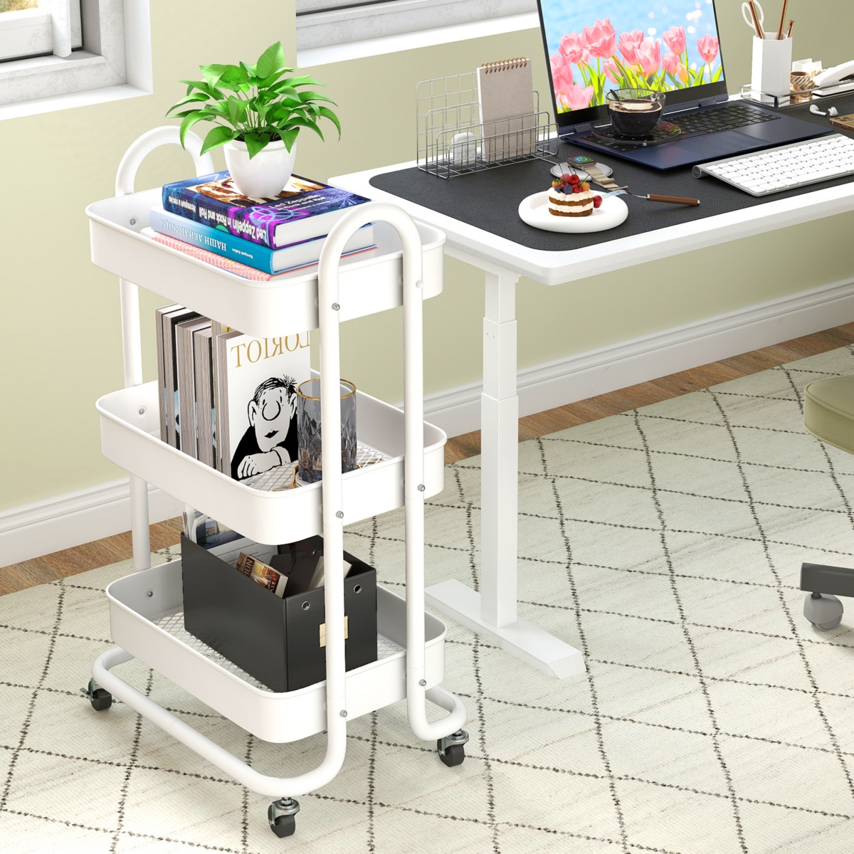 Sugift 3 Tier Rolling Cart Utility Cart with Lockable Wheels Rolling Metal Storage