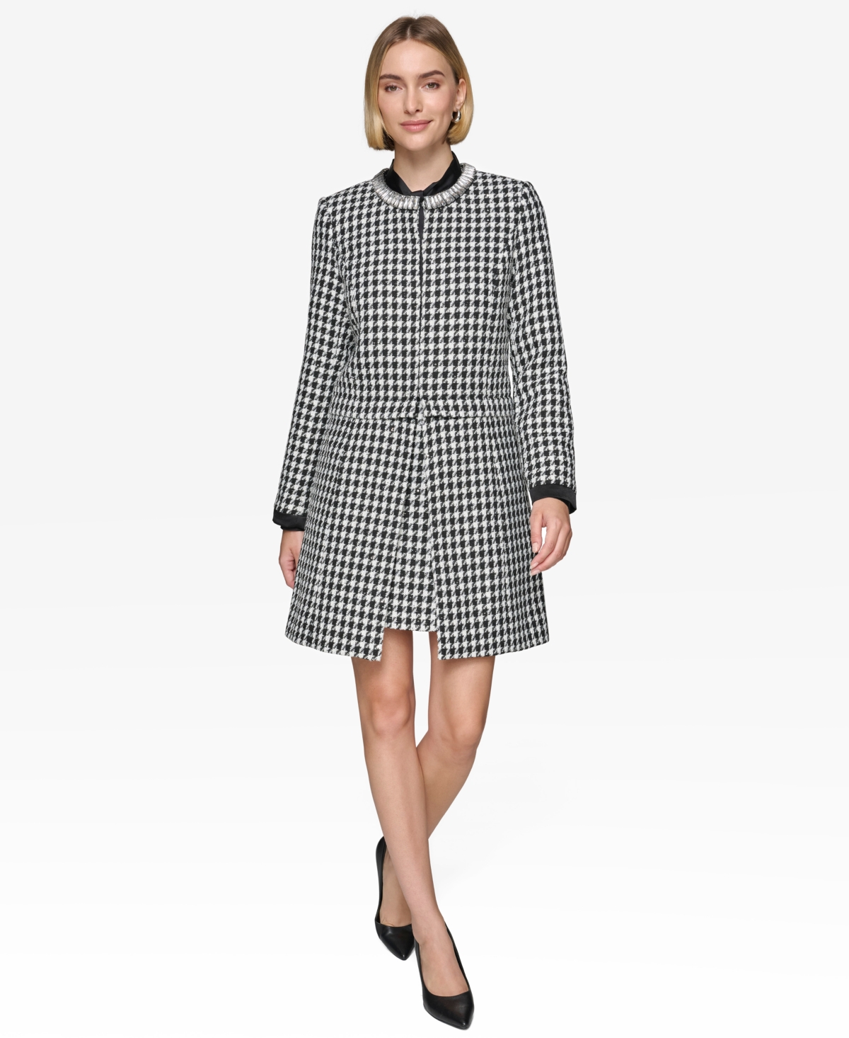 Karl Lagerfeld Paris Women's Convertible Rhinestone-Collar Houndstooth Jacket