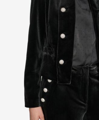 Women's Collarless Velvet Open-Front Jacket with Embellished Buttons