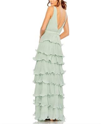 Women's Sleeveless Ruffle Tiered V Neck Gown