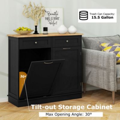 15.5 Gallon Kitchen Tilt Out Trash Cabinet Rubber Wood Tabletop 2 Drawers