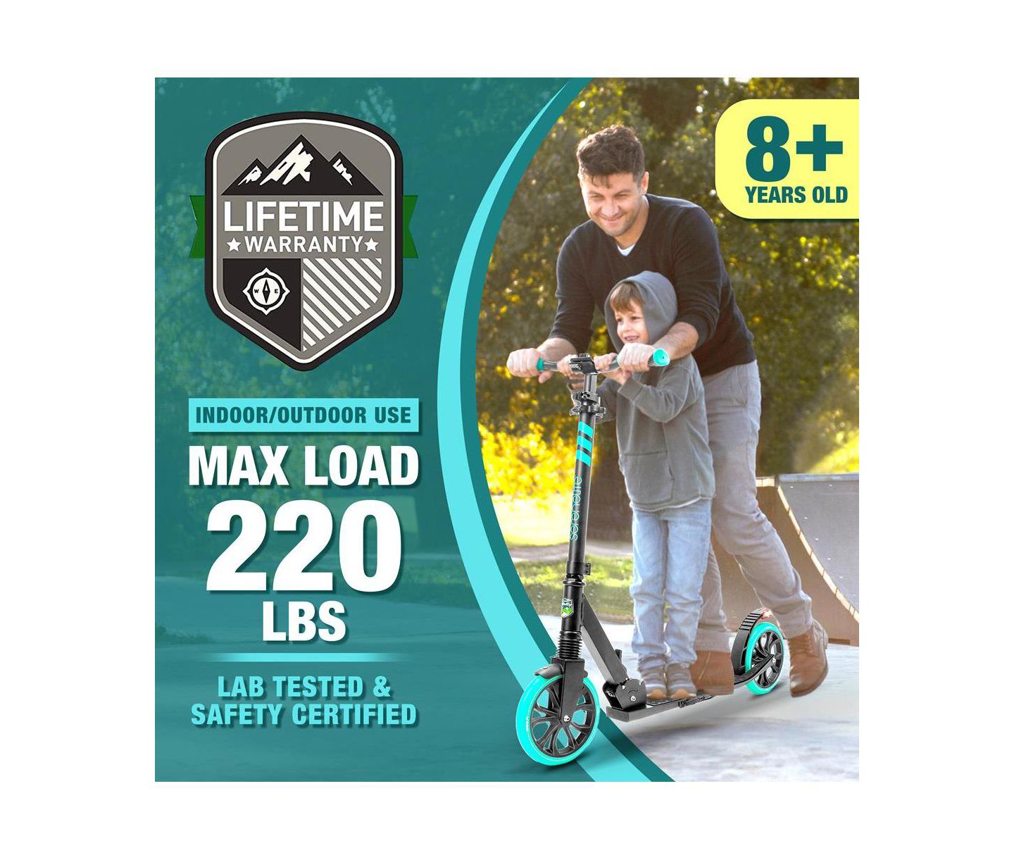 Детская игрушка SereneLife Folding 2-Wheel Adjustable Kick Scooter, Ages 8+, цвет: Аквамариновый — фото 3