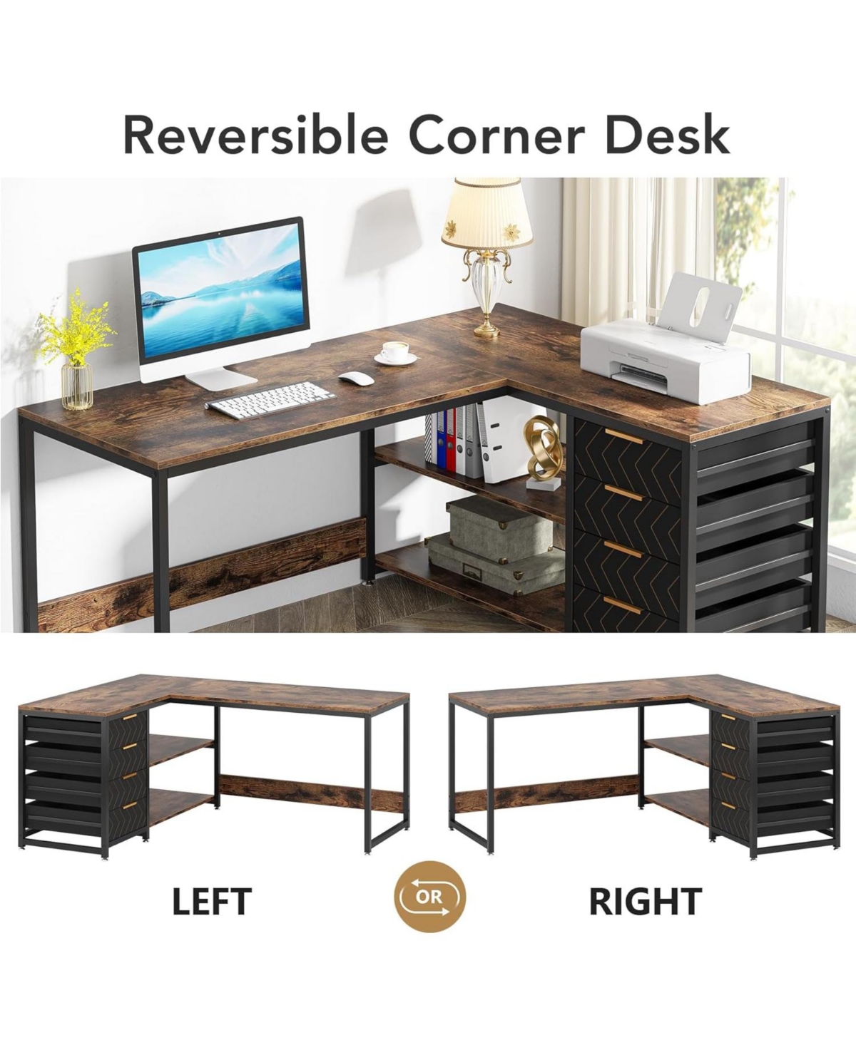 Tribesigns L Shaped Computer Desk with Storage Drawers, 59 inch Corner Desk with Shelves, Reversible L-Shaped Office Desk Study Writing Table Workstat