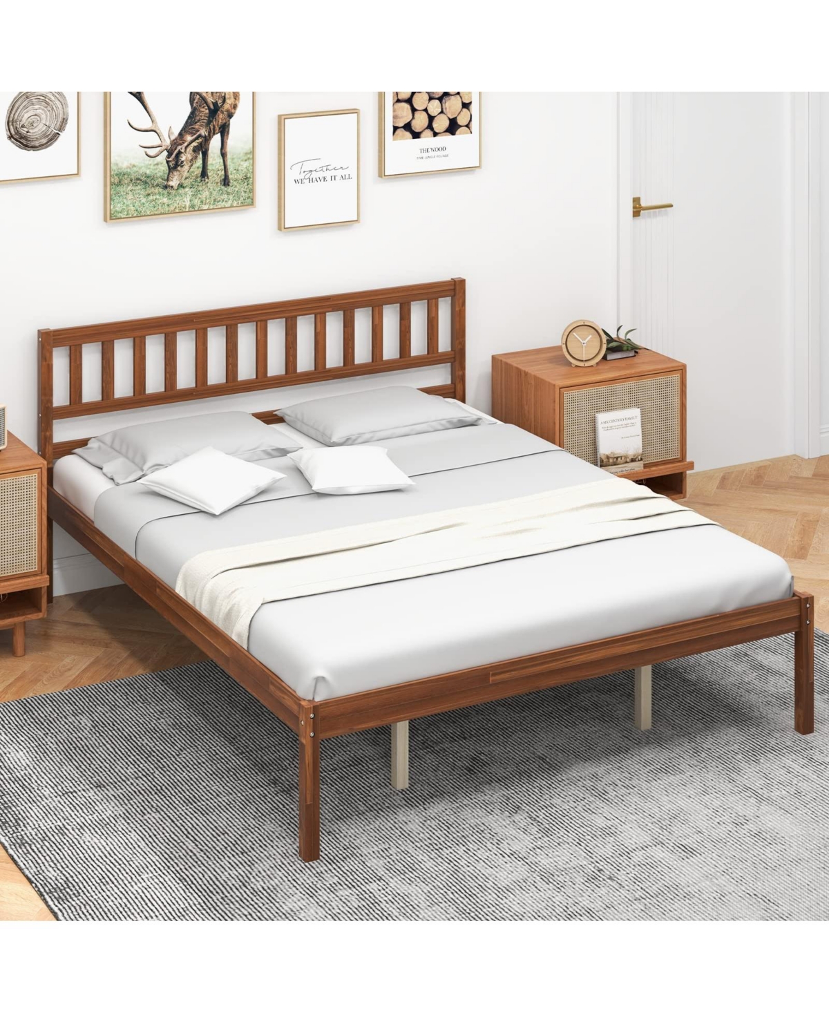 Sugift Queen Size Wood Bed Frame with Headboard and Slat Support-Queen Size