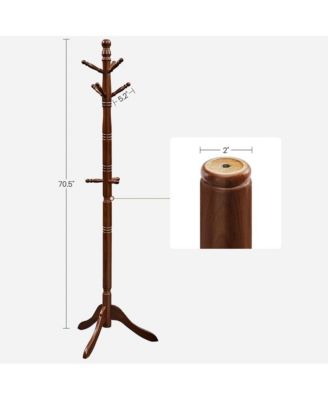 Coat Rack With 10 Hooks, Rubber Wood Coat Tree Free Standing, For Clothes, Hats, Handbags, Umbrella