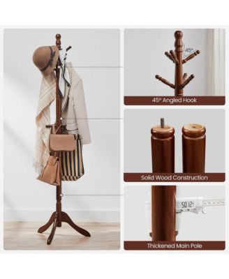 Coat Rack With 10 Hooks, Rubber Wood Coat Tree Free Standing, For Clothes, Hats, Handbags, Umbrella