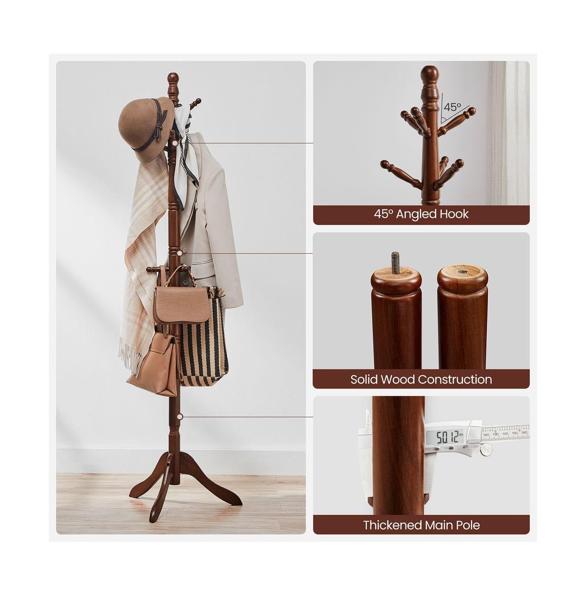 Slickblue Coat Rack With 10 Hooks, Rubber Wood Coat Tree Free Standing, For Clothes, Hats, Handbags, Umbrella