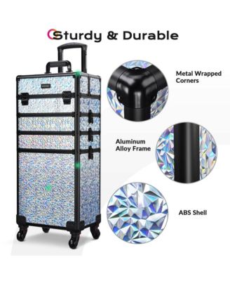 Rolling Makeup Train Case 3-Piece Cosmetic Organizer Kit Trolley Organizer Travel Case Lockable with Wheels, Mermaid Silver