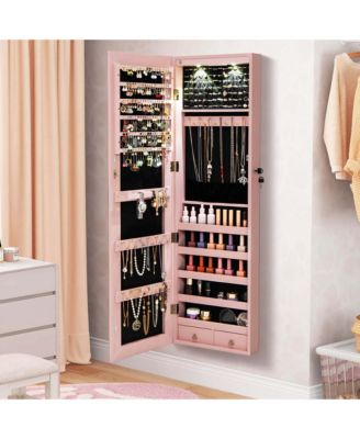 Mirrored Wall & Door Mounted Jewelry Cabinet Storage Organizer with Lights&Drawer