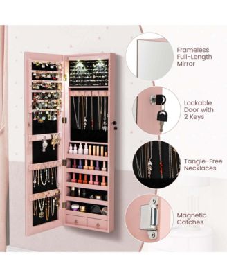 Mirrored Wall & Door Mounted Jewelry Cabinet Storage Organizer with Lights&Drawer