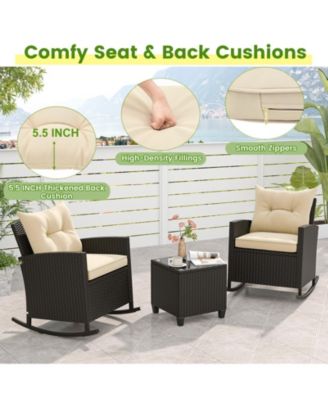 Patio Rattan Roker Chairs with Tempered Glass Table and Soft Cushions