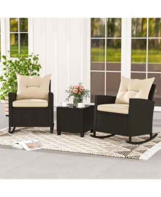 Patio Rattan Roker Chairs with Tempered Glass Table and Soft Cushions