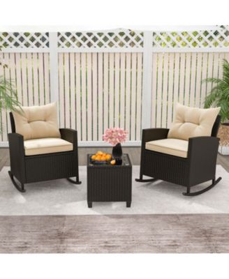 Patio Rattan Roker Chairs with Tempered Glass Table and Soft Cushions