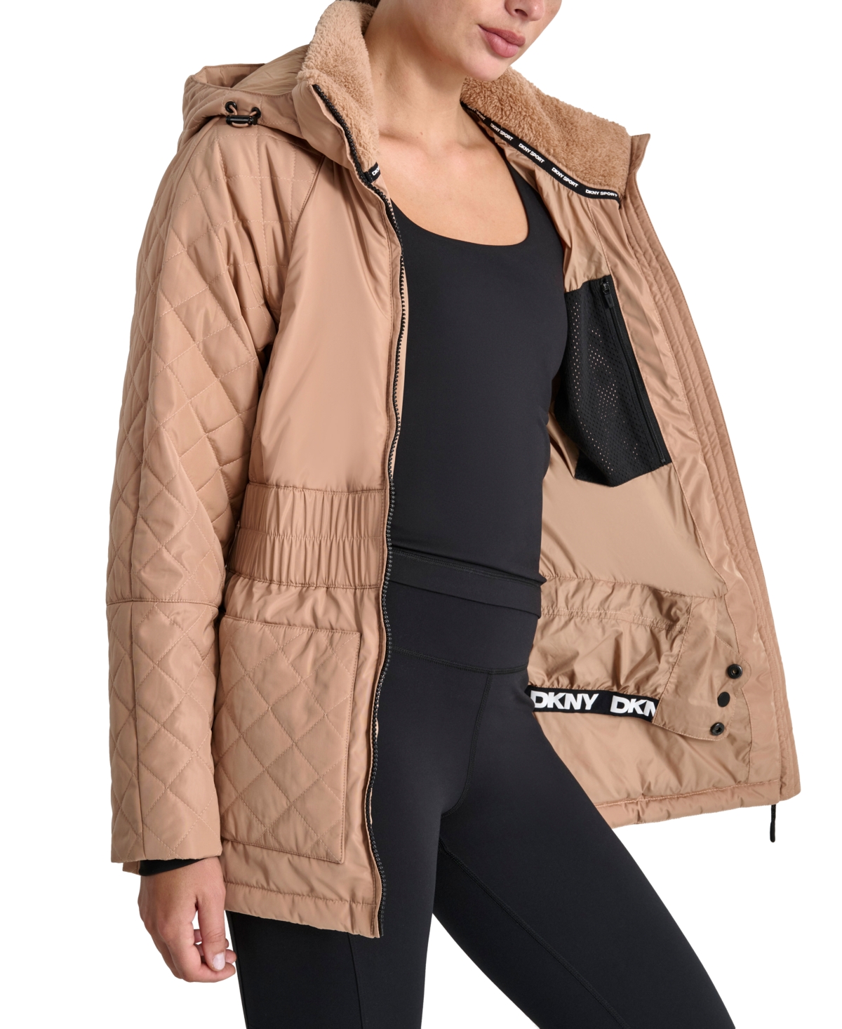 Dkny Women's Quilted Elastic-Waist Hooded Zipper Jacket
