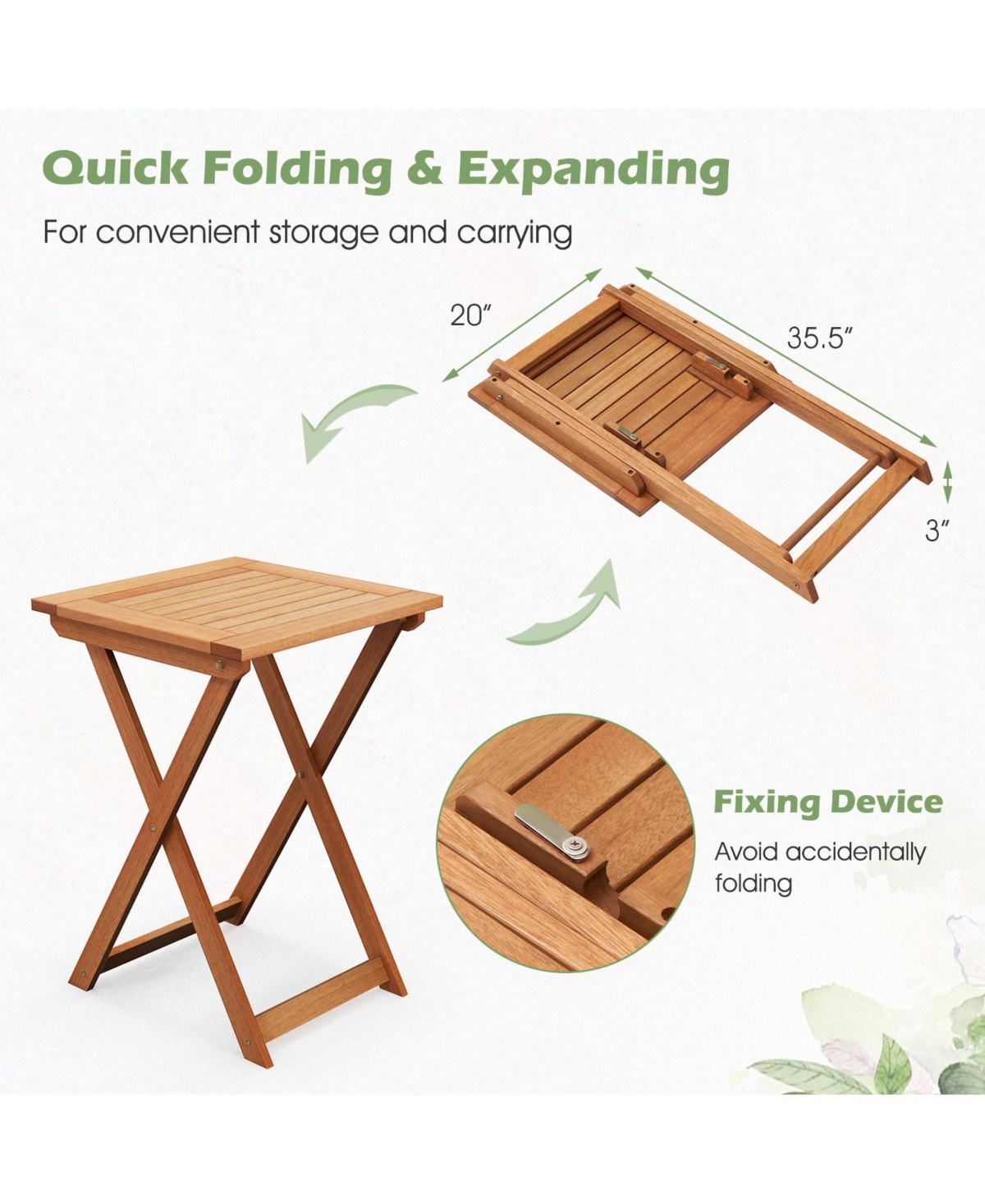 20 Inch Hardwood Patio Folding Table with Slatted Tabletop